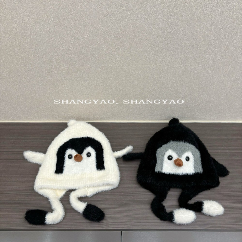 Șapcă pentru copii din pluș, cu design de pinguin – iarnă, caldă, rezistentă la vânt, formă domă, finisaj satin