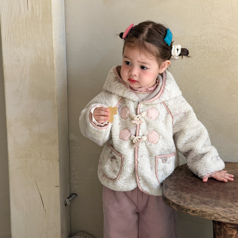 Palton de iarnă pentru fete, lână de miel îngroșată, stil coreean, cu glugă