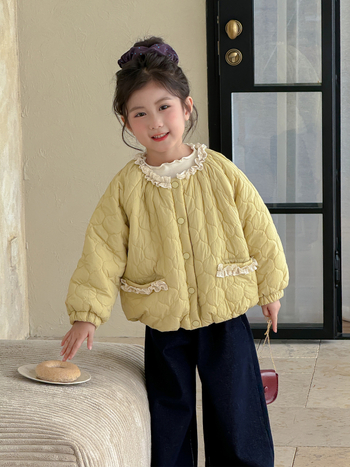 Geacă quilted din poliester pentru fetițe, stil coreean, cu glugă detașabilă, guler rotund, croială scurtă