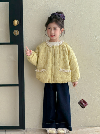 Geacă quilted din poliester pentru fetițe, stil coreean, cu glugă detașabilă, guler rotund, croială scurtă