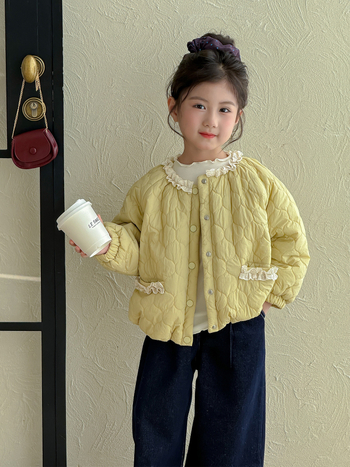 Geacă quilted din poliester pentru fetițe, stil coreean, cu glugă detașabilă, guler rotund, croială scurtă