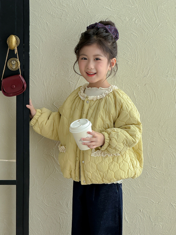Geacă quilted din poliester pentru fetițe, stil coreean, cu glugă detașabilă, guler rotund, croială scurtă