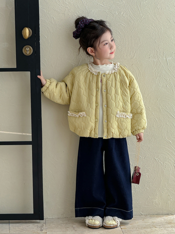 Geacă quilted din poliester pentru fetițe, stil coreean, cu glugă detașabilă, guler rotund, croială scurtă