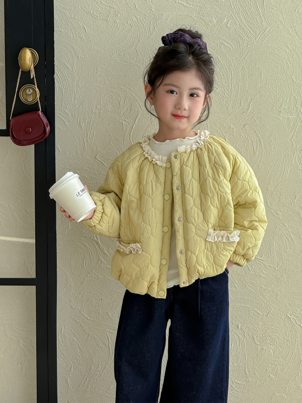 Geacă quilted din poliester pentru fetițe, stil coreean, cu glugă detașabilă, guler rotund, croială scurtă