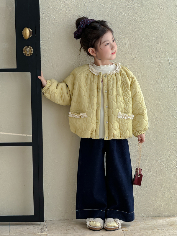 Geacă quilted din poliester pentru fetițe, stil coreean, cu glugă detașabilă, guler rotund, croială scurtă