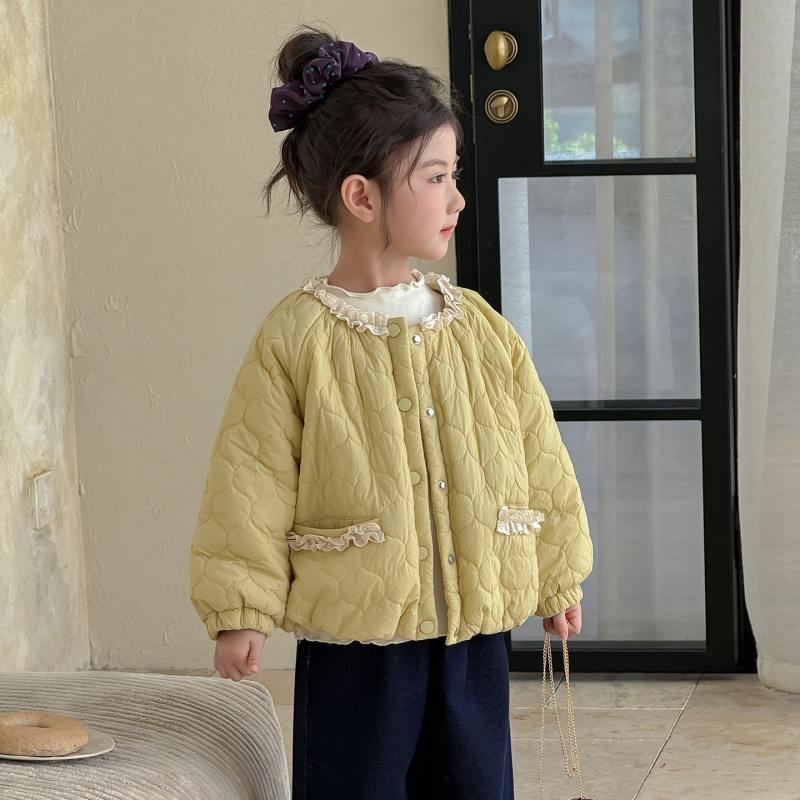 Geacă quilted din poliester pentru fetițe, stil coreean, cu glugă detașabilă, guler rotund, croială scurtă