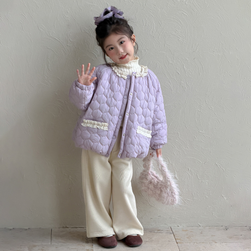 Geacă quilted din poliester pentru fetițe, stil coreean, cu glugă detașabilă, guler rotund, croială scurtă