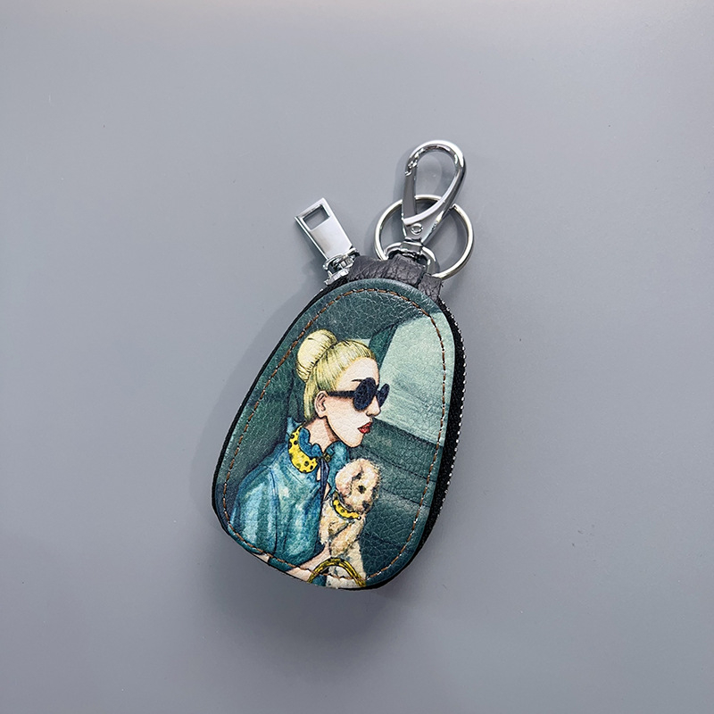 Naistele mõeldud võtmeümbris, ehtne nahk, kahekihiline veiselihast nahk, karikatuurmuster, mugav hoiustamine (Materjal: Ehtne nahk; Tekstuur: Kahekihiline veiselihast nahk; Muster: Karikatuur; Kasutus: Igapäevane)