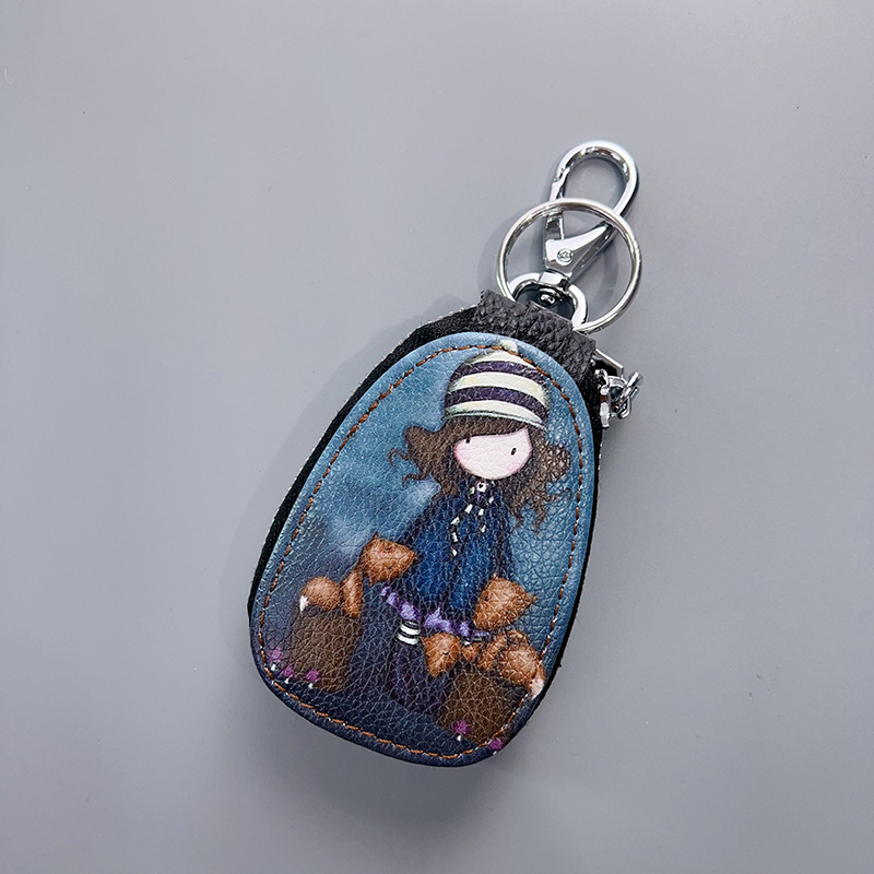 Naistele mõeldud võtmeümbris, ehtne nahk, kahekihiline veiselihast nahk, karikatuurmuster, mugav hoiustamine (Materjal: Ehtne nahk; Tekstuur: Kahekihiline veiselihast nahk; Muster: Karikatuur; Kasutus: Igapäevane)