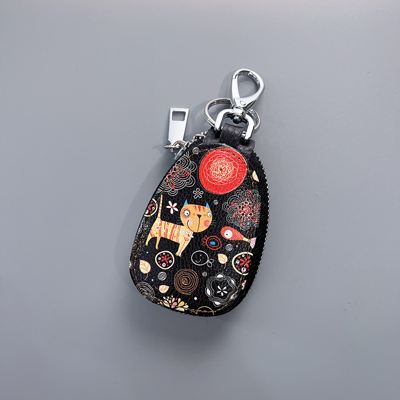 Võtmete kott ehtsast nahast, naistele, kahekihiline veise nahk, karikatuurmustriga, hoiustamiseks