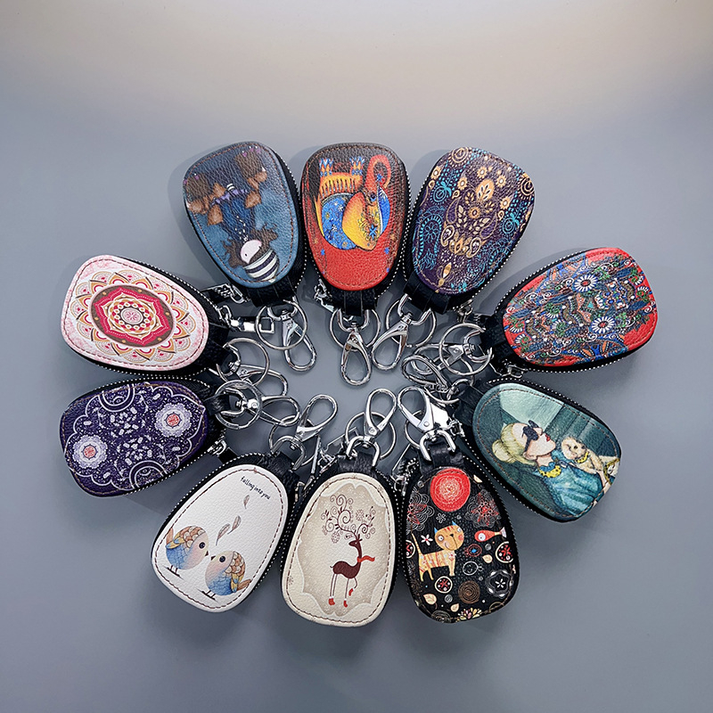 Võtmete kott ehtsast nahast, naistele, kahekihiline veise nahk, karikatuurmustriga, hoiustamiseks