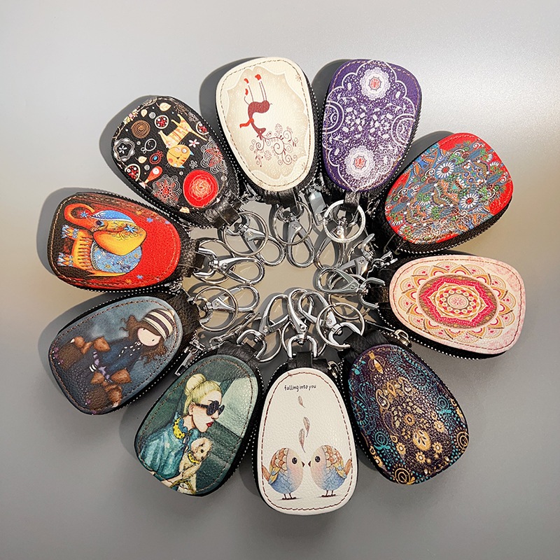 Ženski kožni etui za ključeve, dvostruka podstava od goveđe kože, karikatura uzorak, retro etno stil, za pohranu ključa od automobila