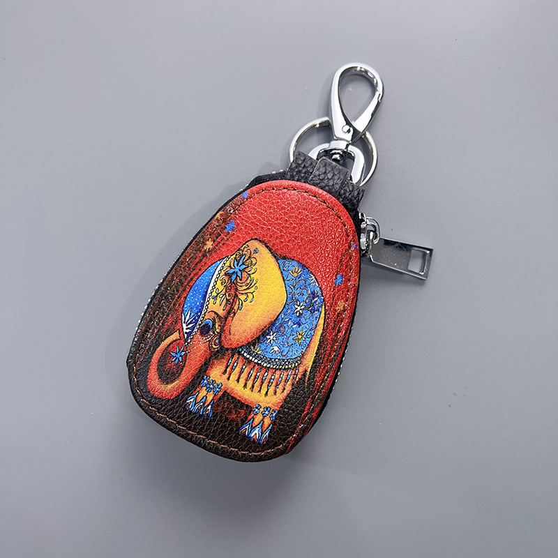 Ženski kožni etui za ključeve, dvostruka podstava od goveđe kože, karikatura uzorak, retro etno stil, za pohranu ključa od automobila