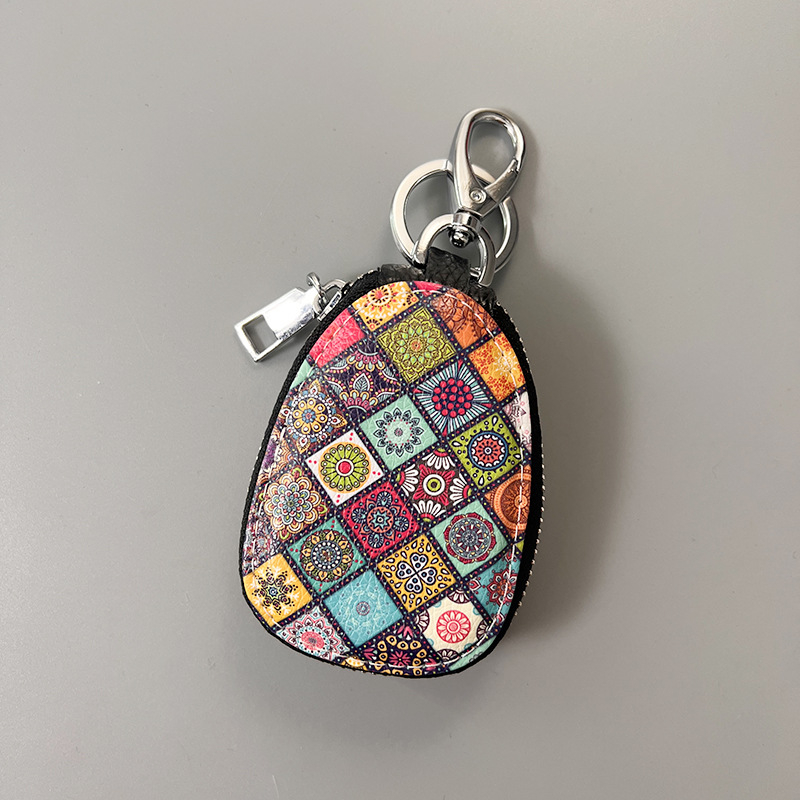 Ženski kožni etui za ključeve, dvostruka podstava od goveđe kože, karikatura uzorak, retro etno stil, za pohranu ključa od automobila