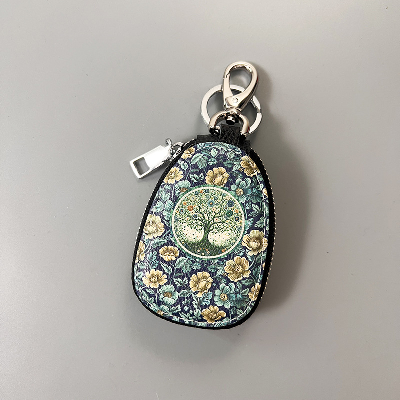 Ženski kožni etui za ključeve, dvostruka podstava od goveđe kože, karikatura uzorak, retro etno stil, za pohranu ključa od automobila