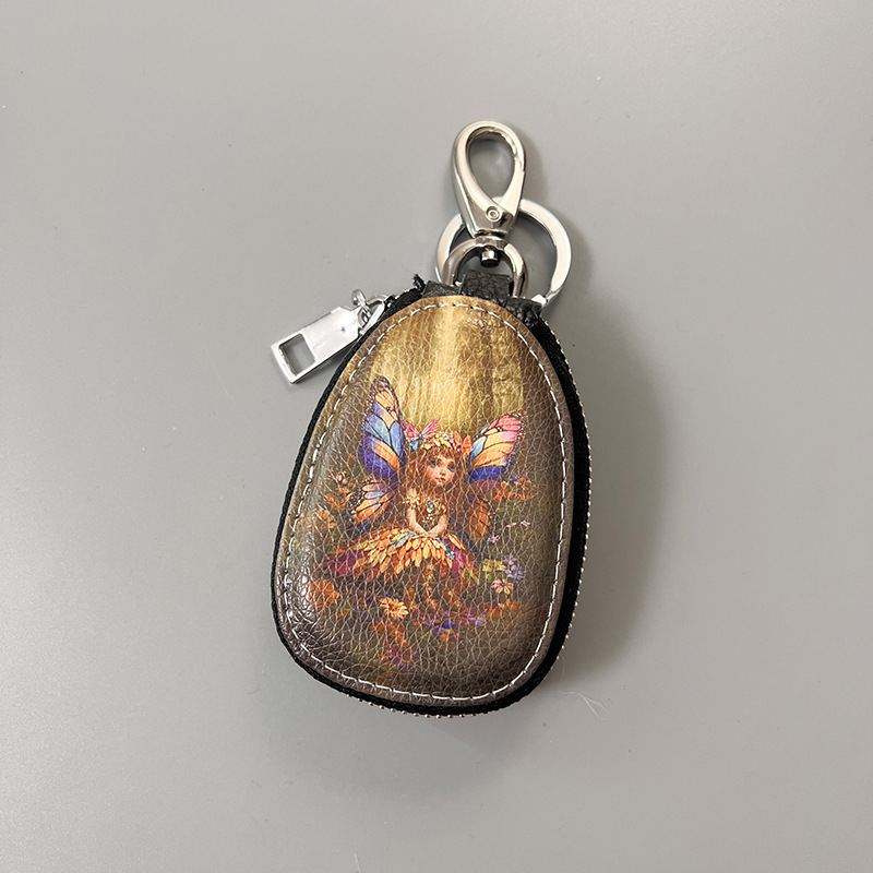 Ženski kožni etui za ključeve, dvostruka podstava od goveđe kože, karikatura uzorak, retro etno stil, za pohranu ključa od automobila