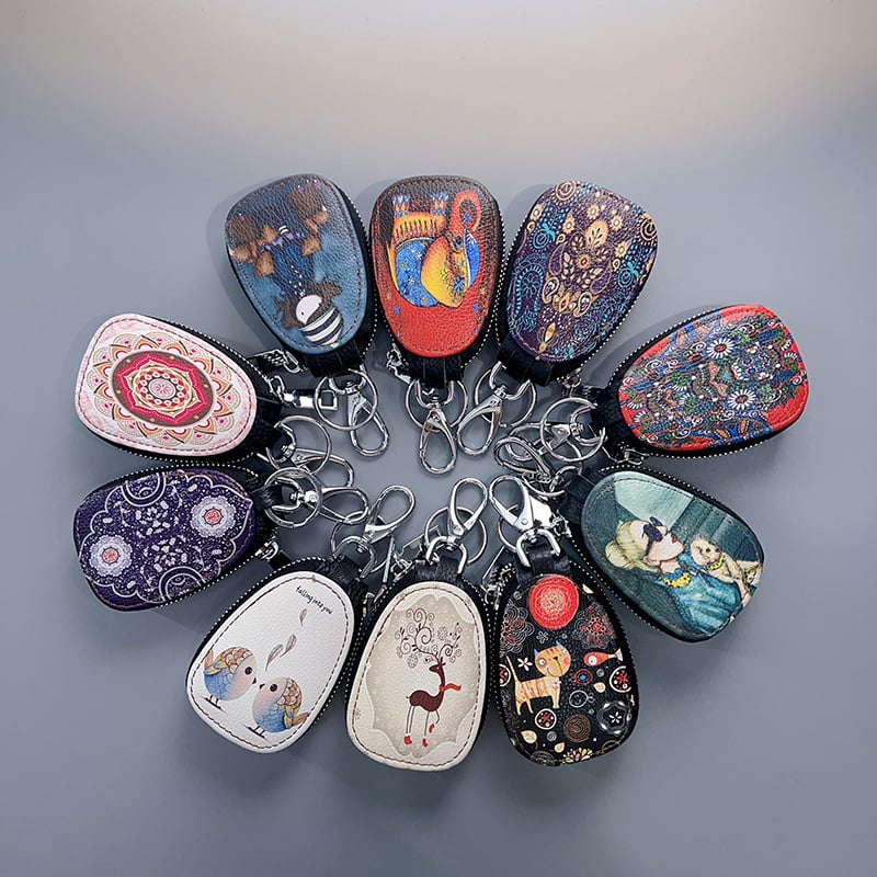 Кейс за ключове - естествена кожа - двуслойна кожа - карикатура принт - подплата от двуслойна кожа - за ежедневна употреба