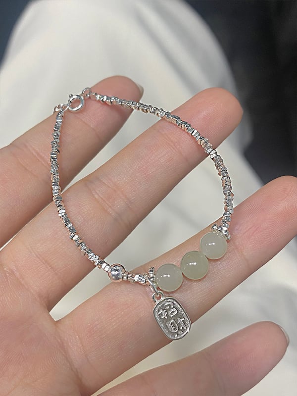 Brățară din argint S925, jad Hetian natural, design geometric cu text, finisaj electroplacat