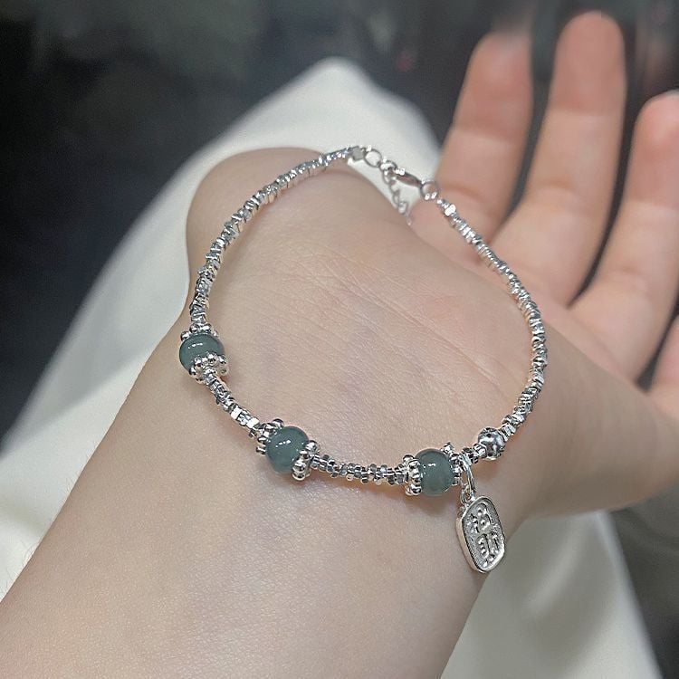 Brățară din argint S925, jad Hetian natural, design geometric cu text, finisaj electroplacat