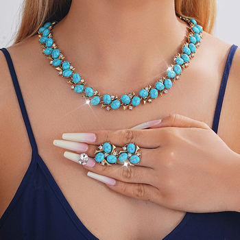 Set naušnica i ogrlica – boemski retro stil, luksuzan, Rhinestone elementi, dijamantna obrada, ključna kost lanac