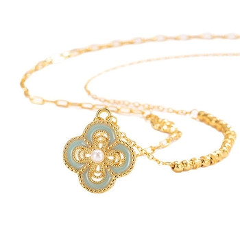 Ogrlica i prsten sa emajlom četverolistne djeteline i biserima – ženski set, bakar, elektroplating, geometrijski oblik, uvijeni lanac, mješavina poludragog kamenja