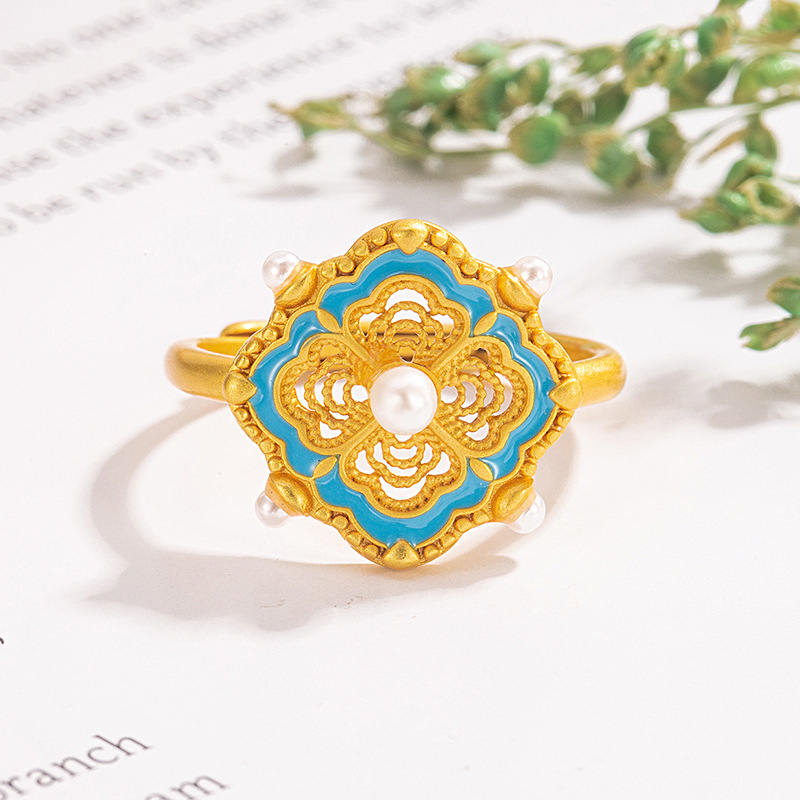 Ogrlica i prsten sa emajlom četverolistne djeteline i biserima – ženski set, bakar, elektroplating, geometrijski oblik, uvijeni lanac, mješavina poludragog kamenja