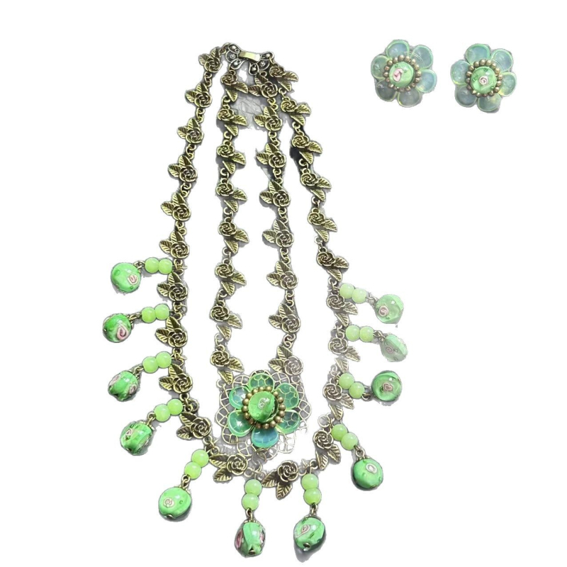 Ručno izrađeni set nakita od staklene glazure – retro ruža ogrlica s odgovarajućim naušnicama, višeslojni dizajn, običan lanac