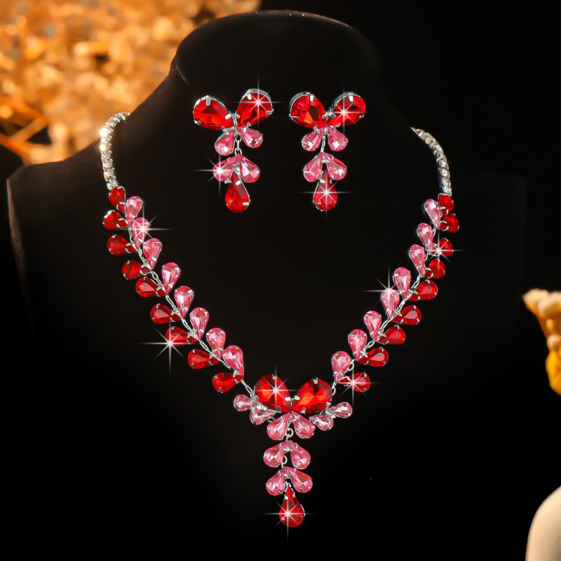 Set colier și cercei cu cristale rhinestone, electroplacare, pandantiv în formă de picătură, lanț regulat