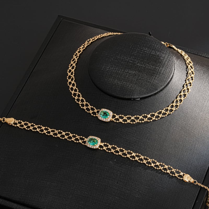 Set cercei și colier cu zirconiu pătrat, din cupru, lanț clavicular, stil retro de palat, pentru femei