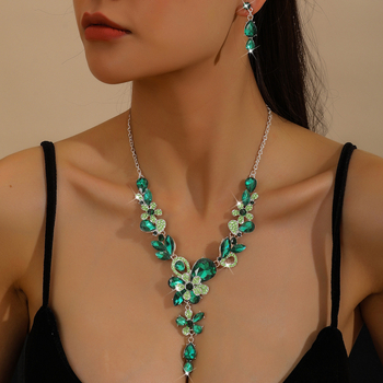 Set ogrlice i naušnica s cvjetnim motivom, nakit od legure, dijamantni sjaj, motiv biljaka i cvijeća, stil princeze