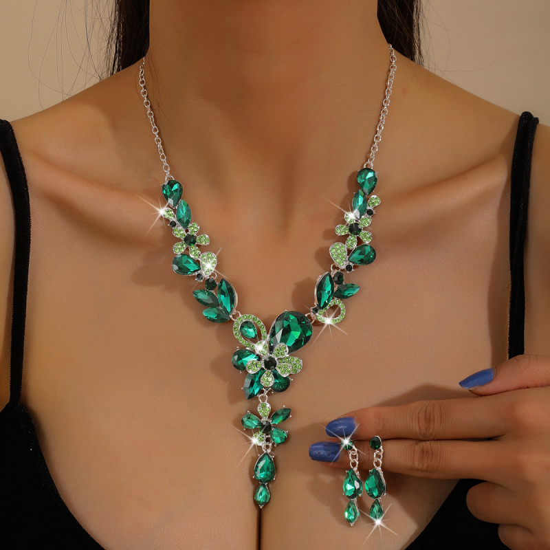 Set ogrlice i naušnica s cvjetnim motivom, nakit od legure, dijamantni sjaj, motiv biljaka i cvijeća, stil princeze