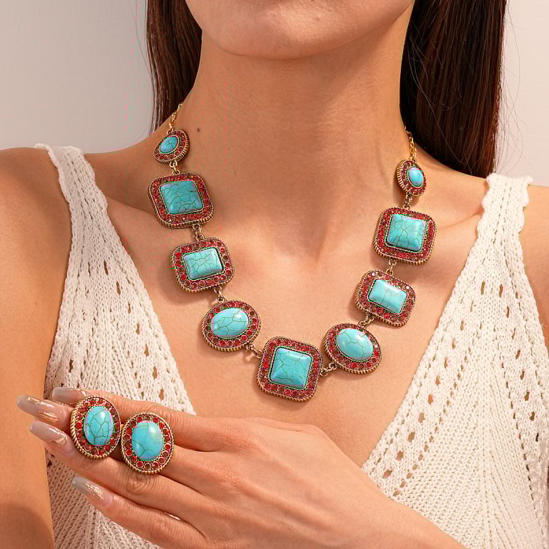 Set nakita: prirodni kamen, dijamantna obrada, lanac ključne kosti, uzorci srce / kapljica vode / zvono, srednjovjekovni vintage stil