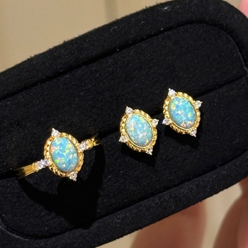 Set prstena s opalom i naušnicama – bakar, elektroplatiranje, ženski nakit, palaća stil, retro stil