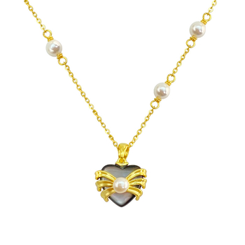 Colier cu pandantiv inimă din scoică cu perlă, argint 925, placare electro, lanț încrucișat, greutate 3 g