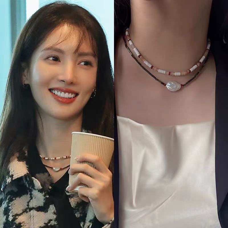 Ženski ogrlica s koralikama i privjeskom od titan čelika, ravni lanac s koralikama, višeslojni dizajn