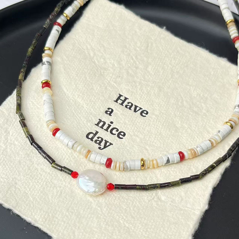 Ženski ogrlica s koralikama i privjeskom od titan čelika, ravni lanac s koralikama, višeslojni dizajn