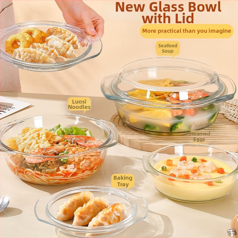 Vas din sticlă pentru Air Fryer cu capac, rezistent la temperaturi înalte, compatibil cu microunde, potrivit pentru supe, tăiței și ouă la abur