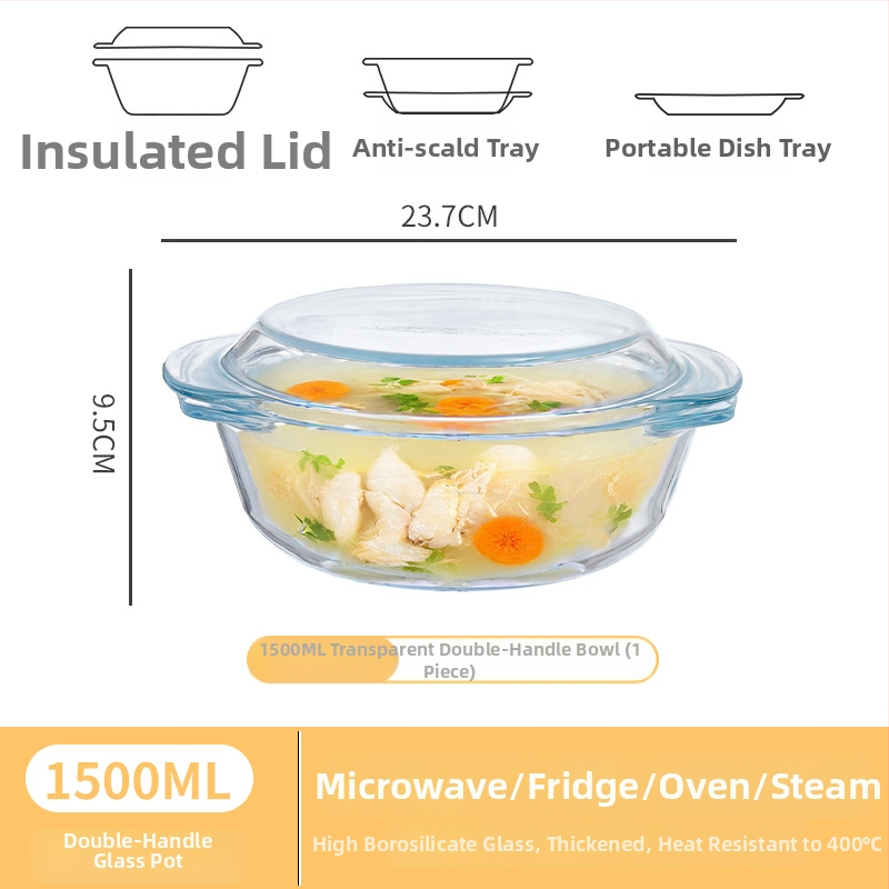 Vas din sticlă pentru Air Fryer cu capac, rezistent la temperaturi înalte, compatibil cu microunde, potrivit pentru supe, tăiței și ouă la abur