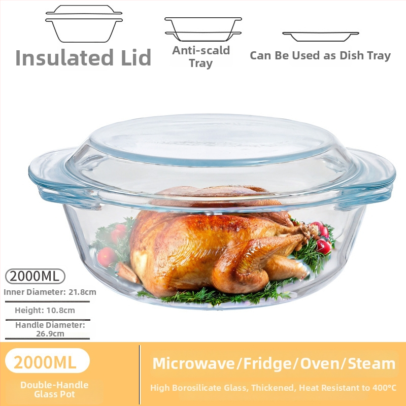 Vas din sticlă pentru Air Fryer cu capac, rezistent la temperaturi înalte, compatibil cu microunde, potrivit pentru supe, tăiței și ouă la abur