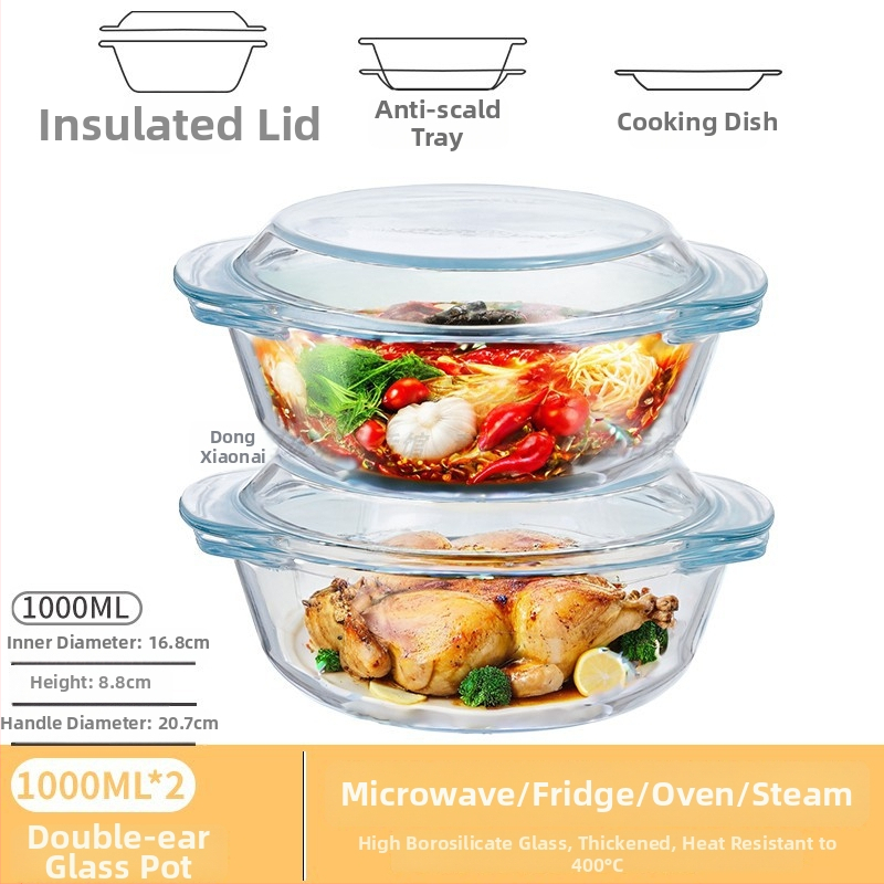 Vas din sticlă pentru Air Fryer cu capac, rezistent la temperaturi înalte, compatibil cu microunde, potrivit pentru supe, tăiței și ouă la abur