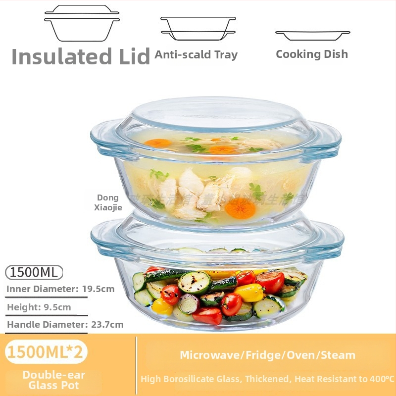 Vas din sticlă pentru Air Fryer cu capac, rezistent la temperaturi înalte, compatibil cu microunde, potrivit pentru supe, tăiței și ouă la abur