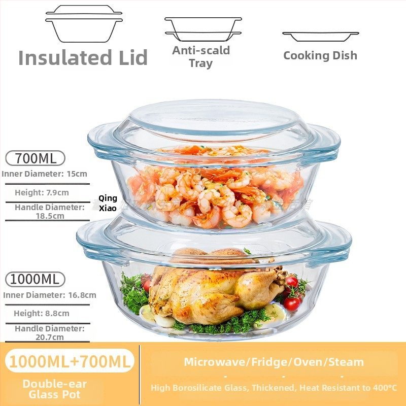 Vas din sticlă pentru Air Fryer cu capac, rezistent la temperaturi înalte, compatibil cu microunde, potrivit pentru supe, tăiței și ouă la abur