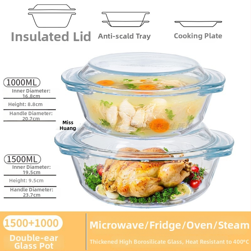 Vas din sticlă pentru Air Fryer cu capac, rezistent la temperaturi înalte, compatibil cu microunde, potrivit pentru supe, tăiței și ouă la abur