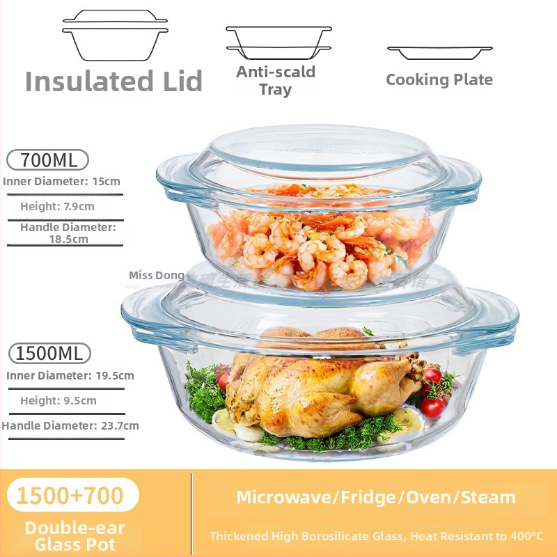 Vas din sticlă pentru Air Fryer cu capac, rezistent la temperaturi înalte, compatibil cu microunde, potrivit pentru supe, tăiței și ouă la abur