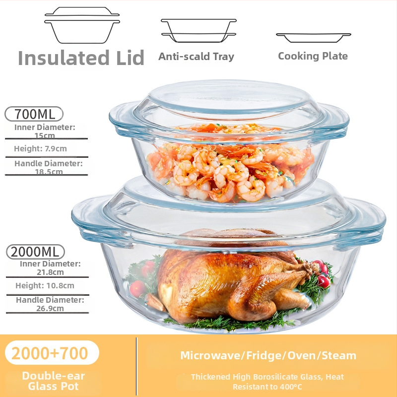 Vas din sticlă pentru Air Fryer cu capac, rezistent la temperaturi înalte, compatibil cu microunde, potrivit pentru supe, tăiței și ouă la abur