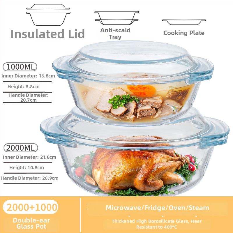 Vas din sticlă pentru Air Fryer cu capac, rezistent la temperaturi înalte, compatibil cu microunde, potrivit pentru supe, tăiței și ouă la abur