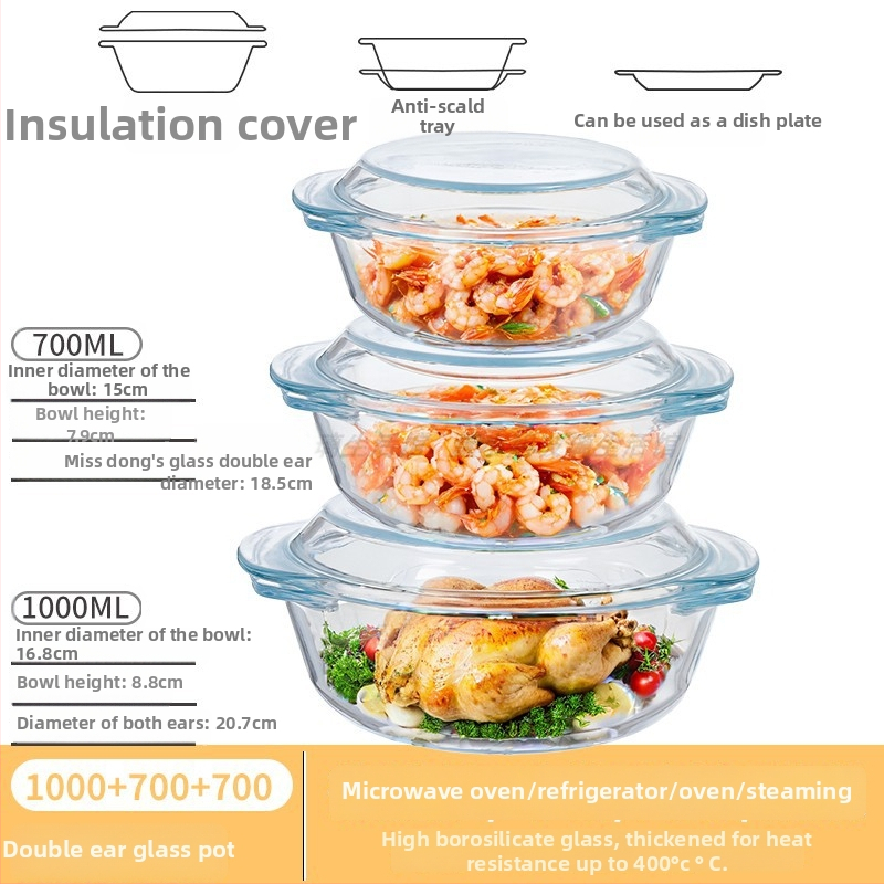 Vas din sticlă pentru Air Fryer cu capac, rezistent la temperaturi înalte, compatibil cu microunde, potrivit pentru supe, tăiței și ouă la abur