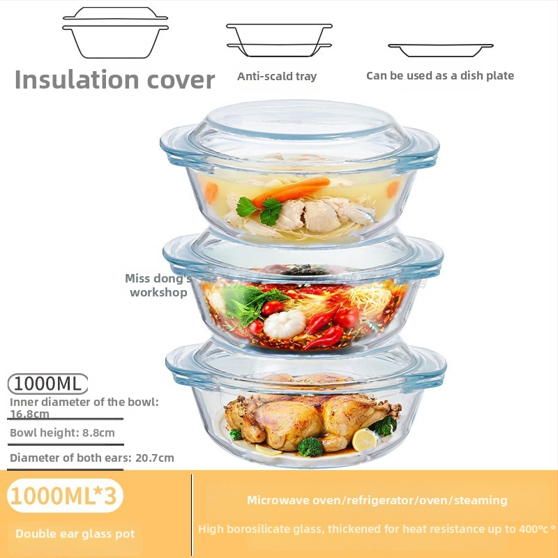 Vas din sticlă pentru Air Fryer cu capac, rezistent la temperaturi înalte, compatibil cu microunde, potrivit pentru supe, tăiței și ouă la abur