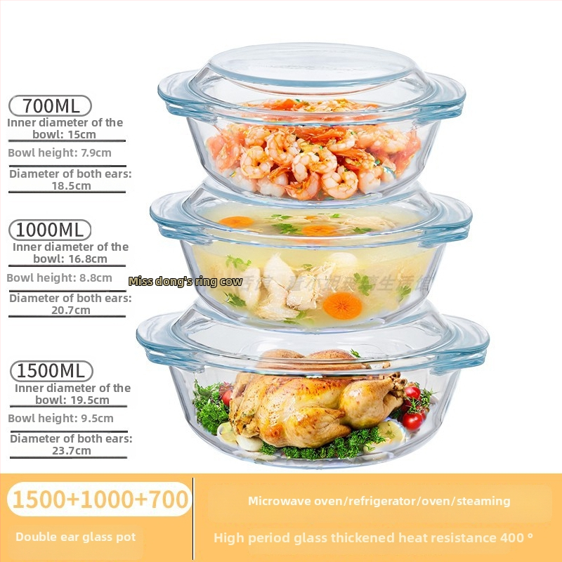 Vas din sticlă pentru Air Fryer cu capac, rezistent la temperaturi înalte, compatibil cu microunde, potrivit pentru supe, tăiței și ouă la abur