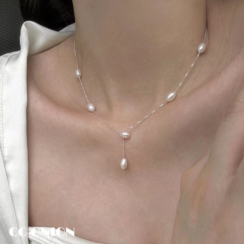 Colier cu perle naturale de apă dulce, placat cu argint, lucrat manual, stil în formă de U